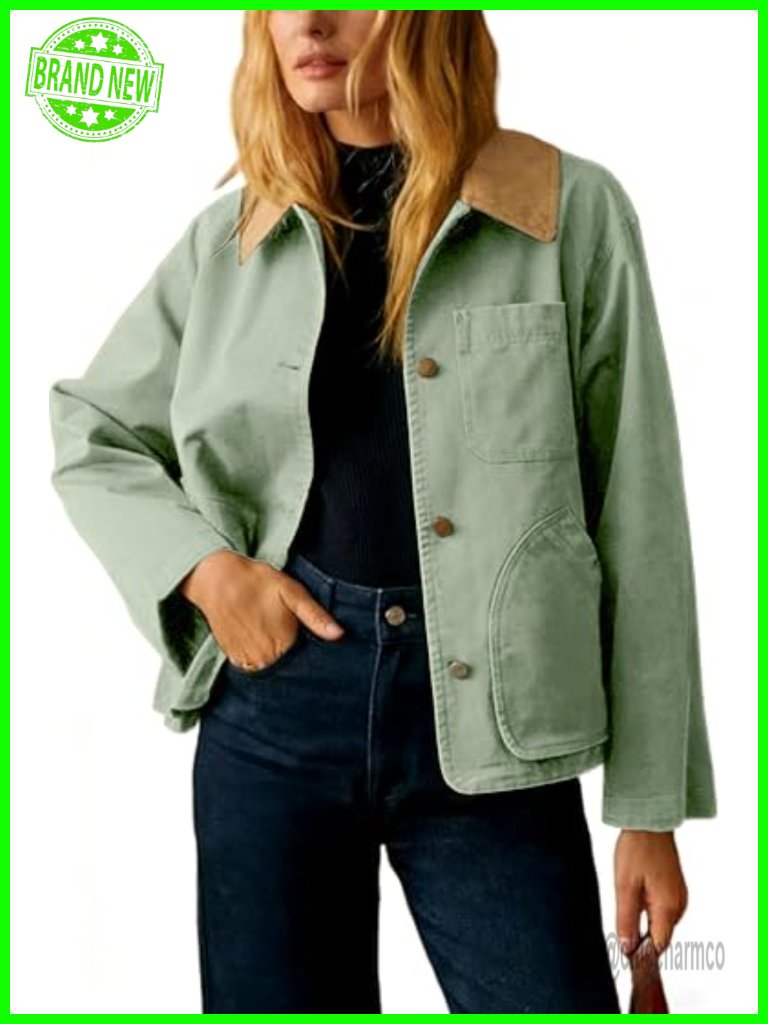 Women Crop Barn Trench Coat Button Down Oversized Jacket Cotton Blend